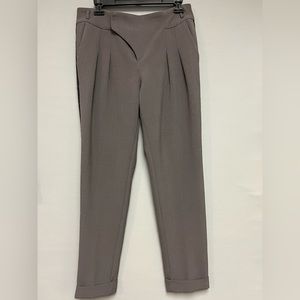 Dressy gray and Black ankle slacks, tuxedo stripes on leg, asymmetrical front